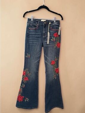 DRIFTWOOD Dark Wash Flare Jeans with Red Floral Embroidery